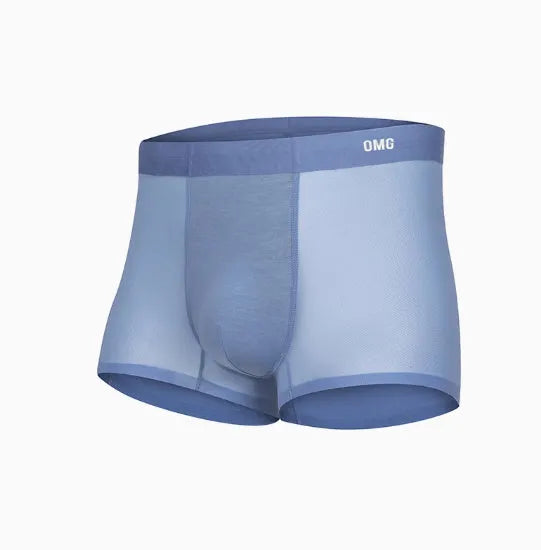 Men's lightweight seamless fitness underwear shorts in blue, shown flat.