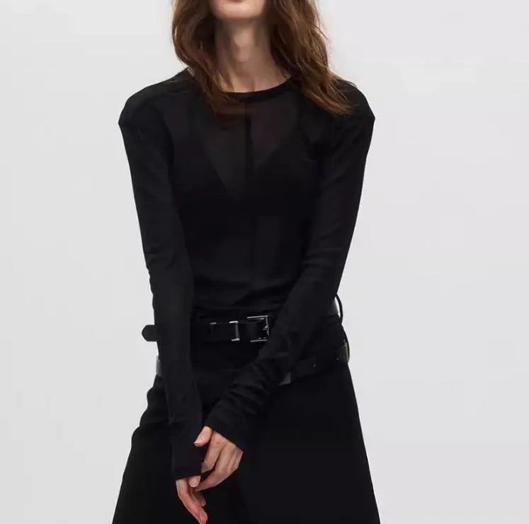Black mesh see-through texture slim-fit long sleeve pullover on a hanger.