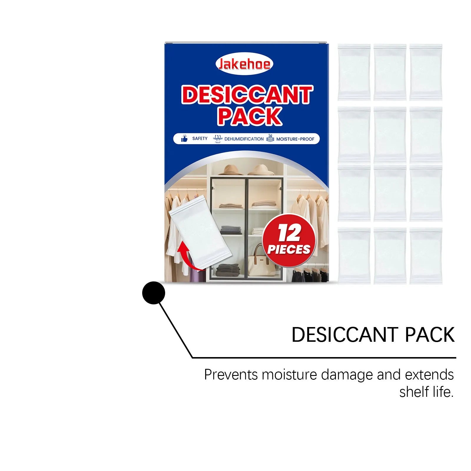 Twelve calcium chloride desiccant sachets for home moisture absorption.