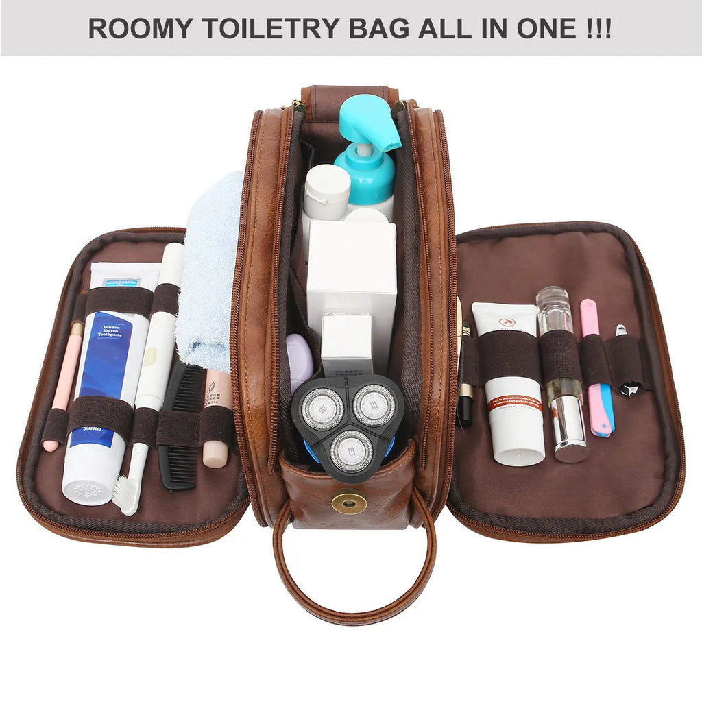 Men's solid colour PU toiletry bag for travel storage in black or brown
