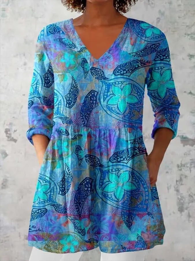 Women's retro slim fit long-sleeved polyester top with digital printing in multiple colour designs