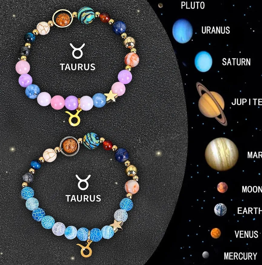 Set of twelve natural stone beaded bracelets, each with a different zodiac sign charm.