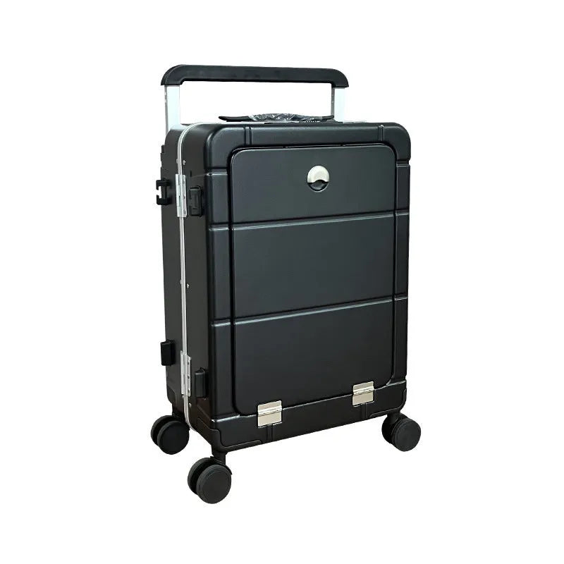 Front opening 20-inch suitcase in silver showing separate wet and dry compartments and a built-in cup holder.