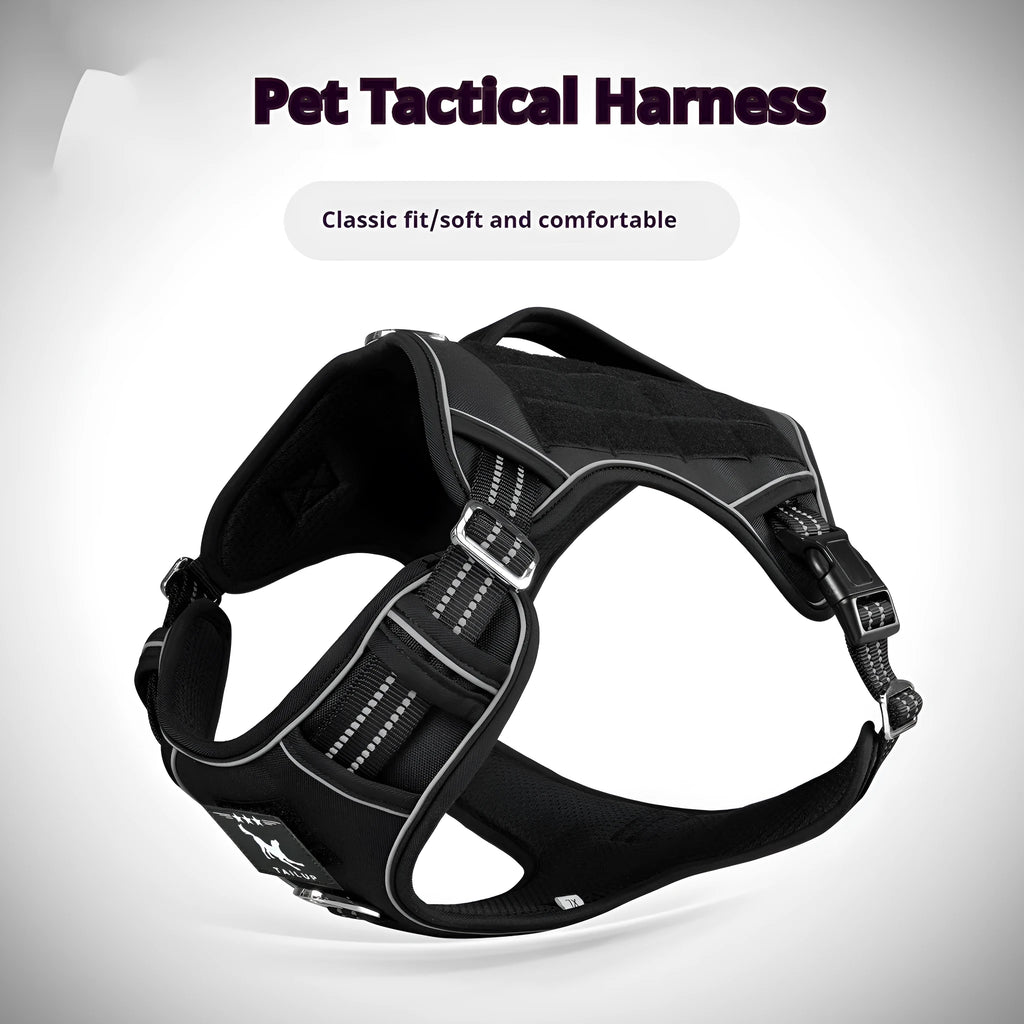 Black Oxford cloth tactical chest strap for a large search and rescue working dog.