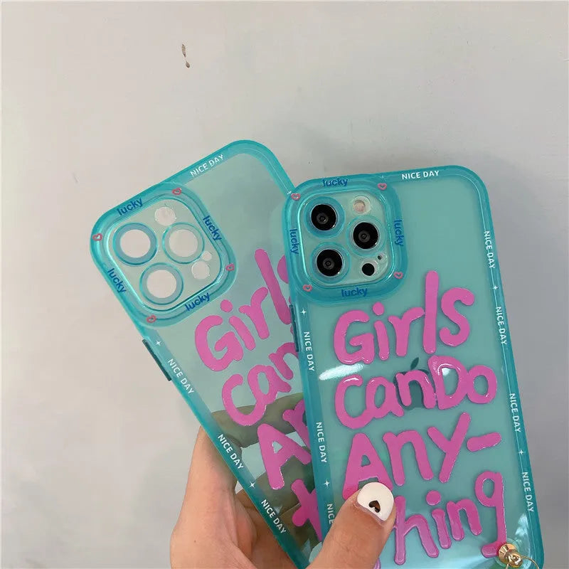 Mint green TPU phone case with painted blue-haired girl graffiti art and attached fabric lanyard for Apple iPhone.