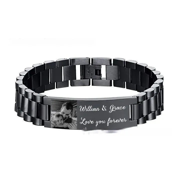 Titanium steel bracelet with curved heart shape design and black lettering