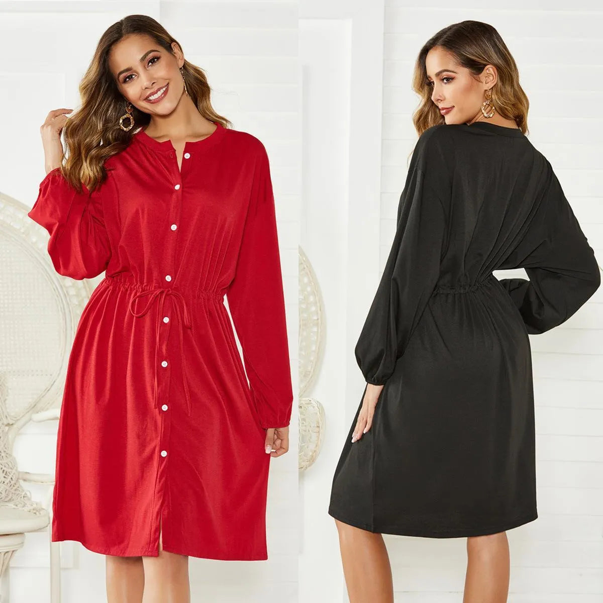 A woman wearing a solid colour A-line midi dress with an elastic waist, an attached belt, and long sleeves.
