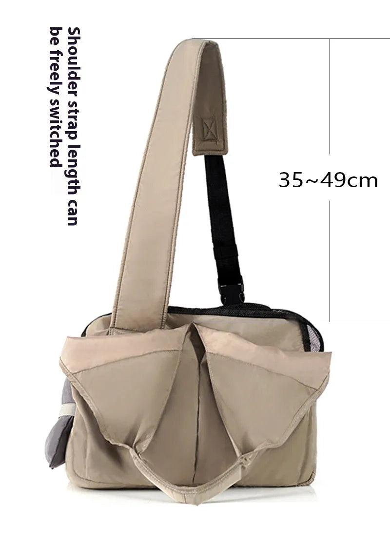 Apricot cloth pet handbag measuring 41cm long for small dog or cat summer transport