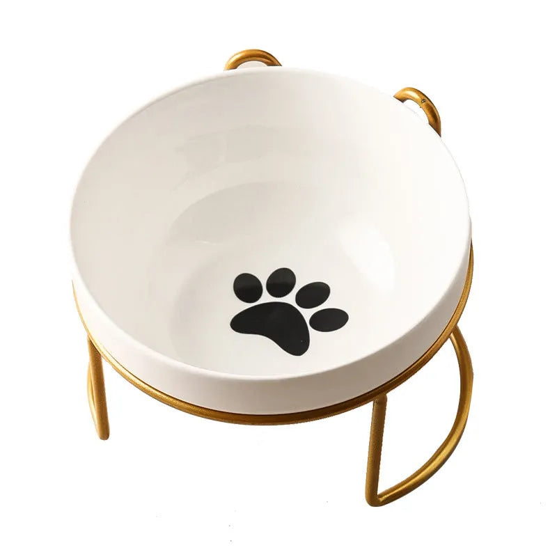 Ceramic cat bowl with iron stand in cat footprints or fishbone pattern design
