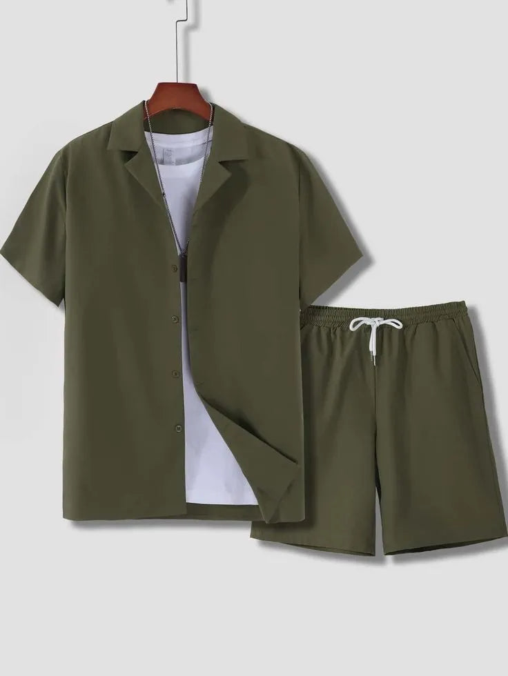 Men's Cuban collar sport suit with short sleeve top and matching shorts in lightweight polyester fabric