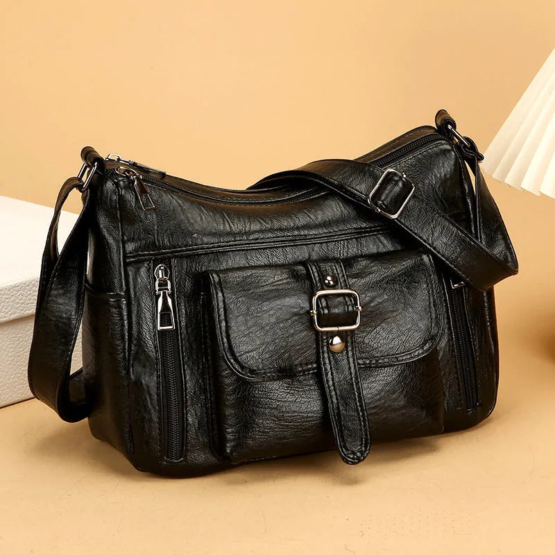 Retro large capacity soft PU leather shoulder messenger bag in brown, 27x20x10cm, with sandwich pocket