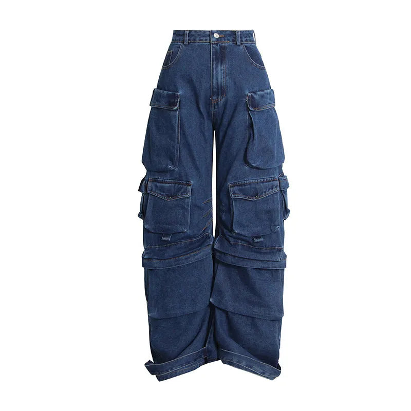 Women's blue baggy wide leg jeans with multi-pockets and denim cotton fabric