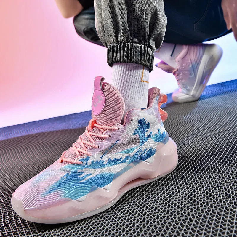 Luminous high-top basketball shoes with graffiti pattern, mesh upper, and rubber outsole available in various colours
