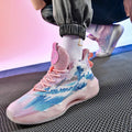 Luminous high-top basketball shoes with graffiti pattern, mesh upper, and rubber outsole available in various colours