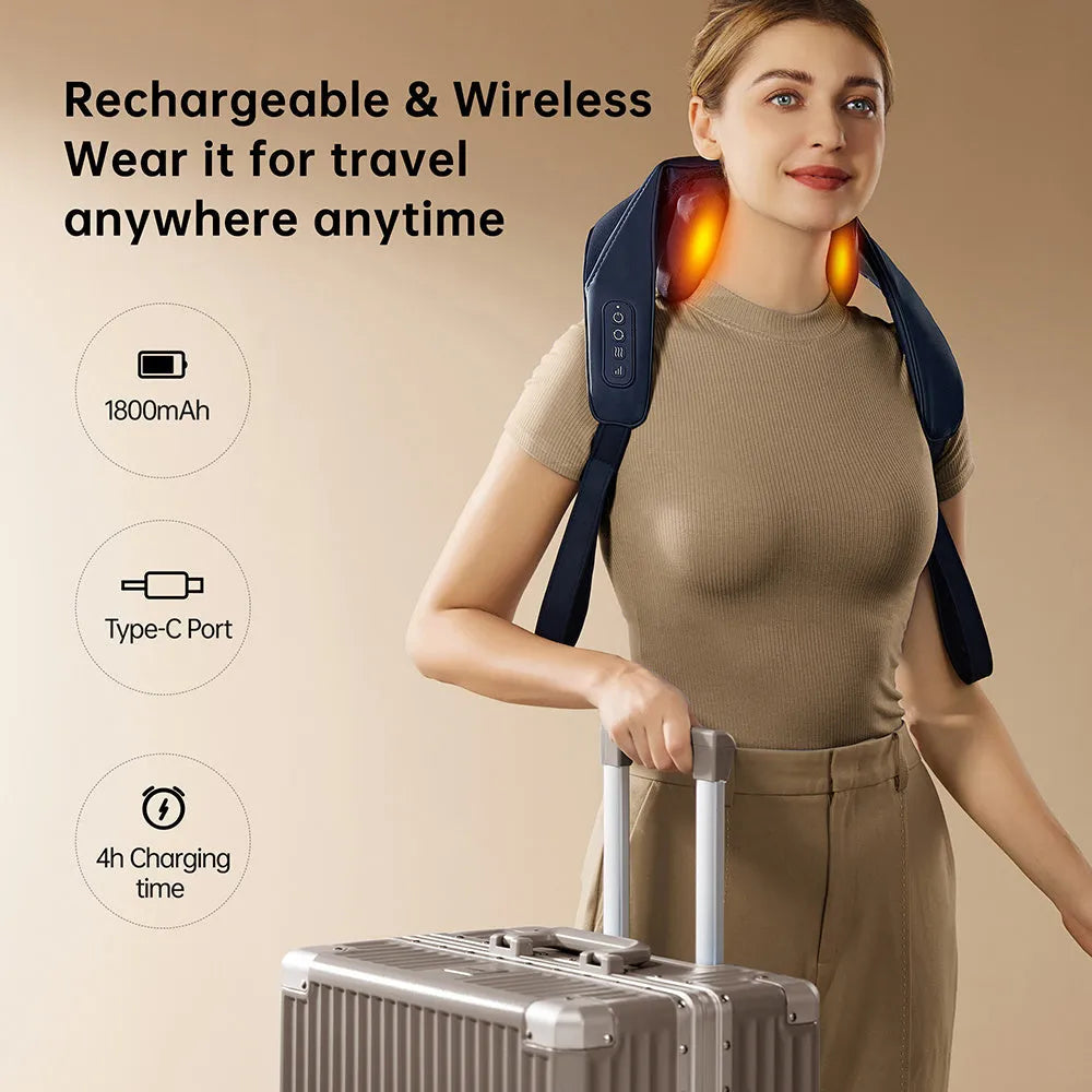 Blue electric shoulder massager with 4D kneading and heat therapy controls