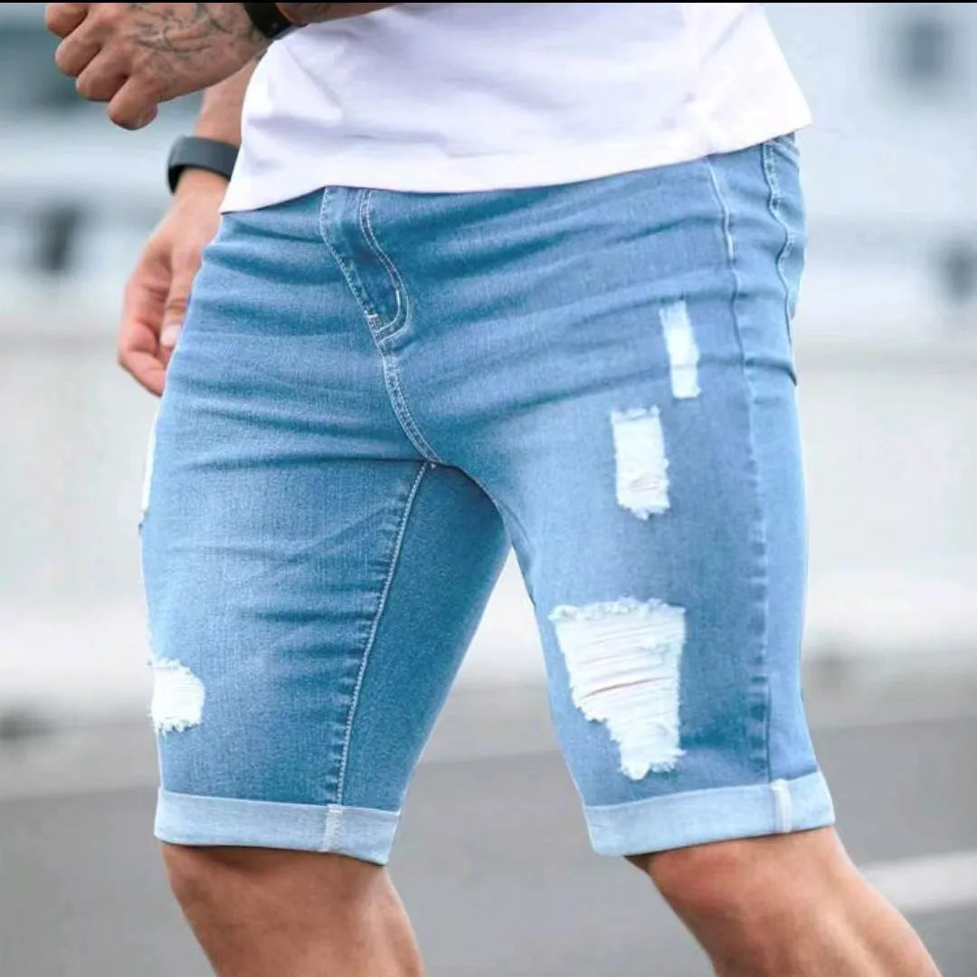 Sky blue denim shorts with distressed holes and low waist design