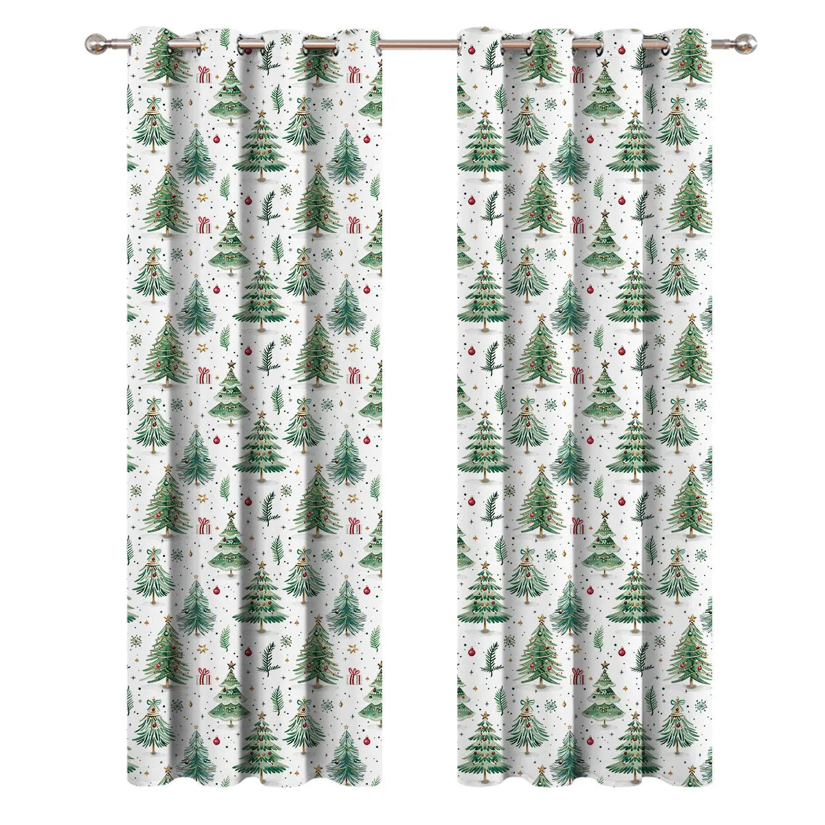 White polyester curtain with punched Christmas Forest tree pattern, showcasing its modern simplicity style and sunshade fabric.