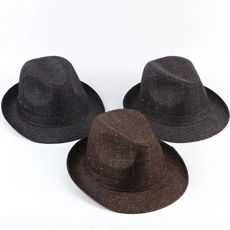 A thickened suit material fedora hat for men shown in a grey colour variant.