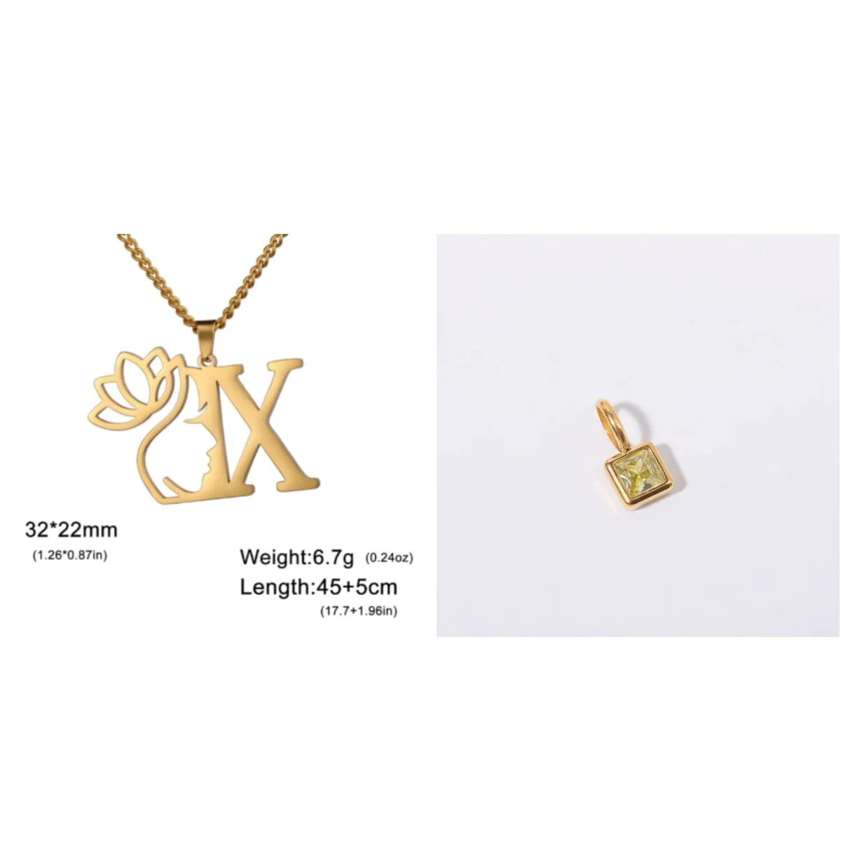 Stainless steel necklace with letter pendant on cross chain in gold or silver electroplated finish
