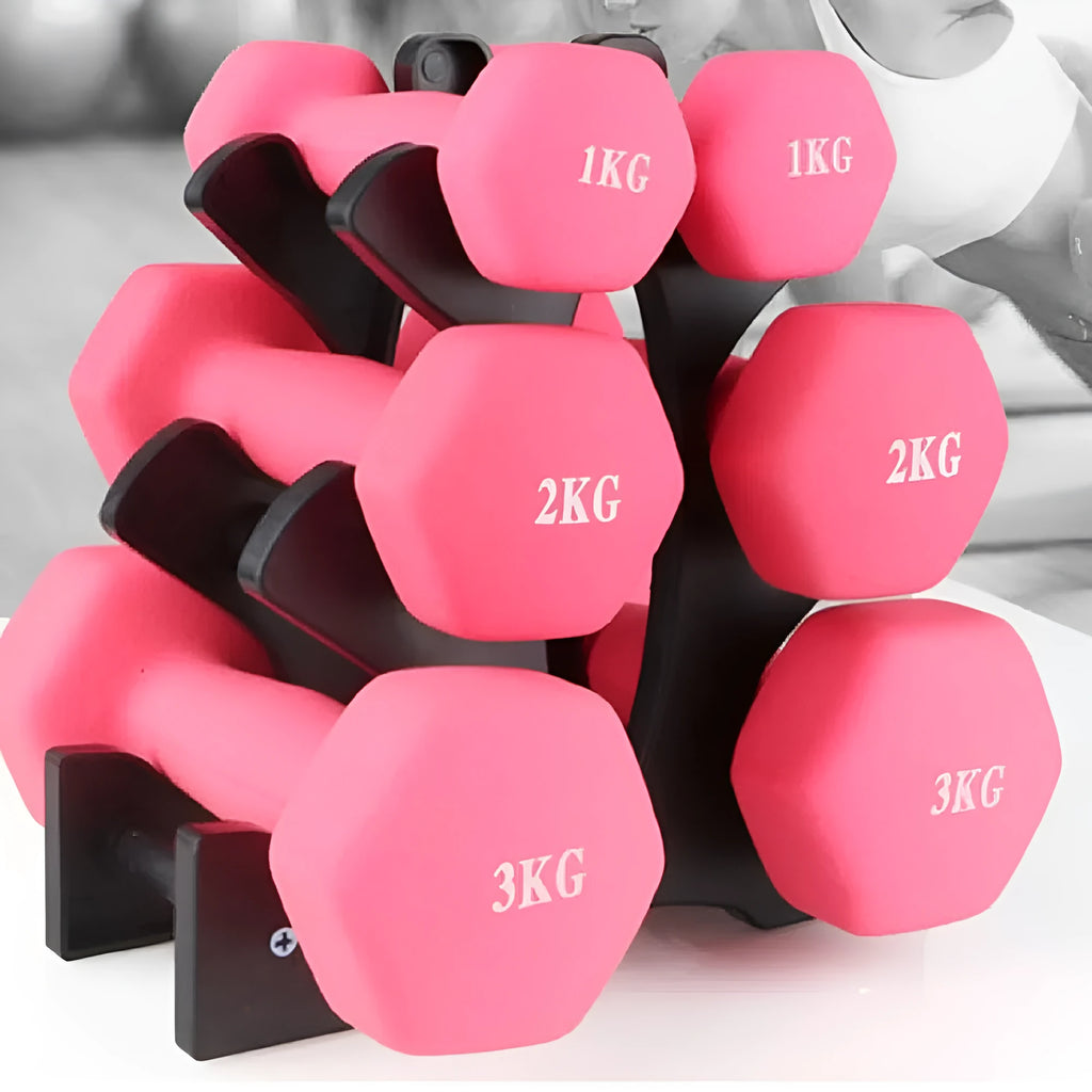 PVC fitness dumbbell rack holder stand for home gym storage with dumbbells placed on it.