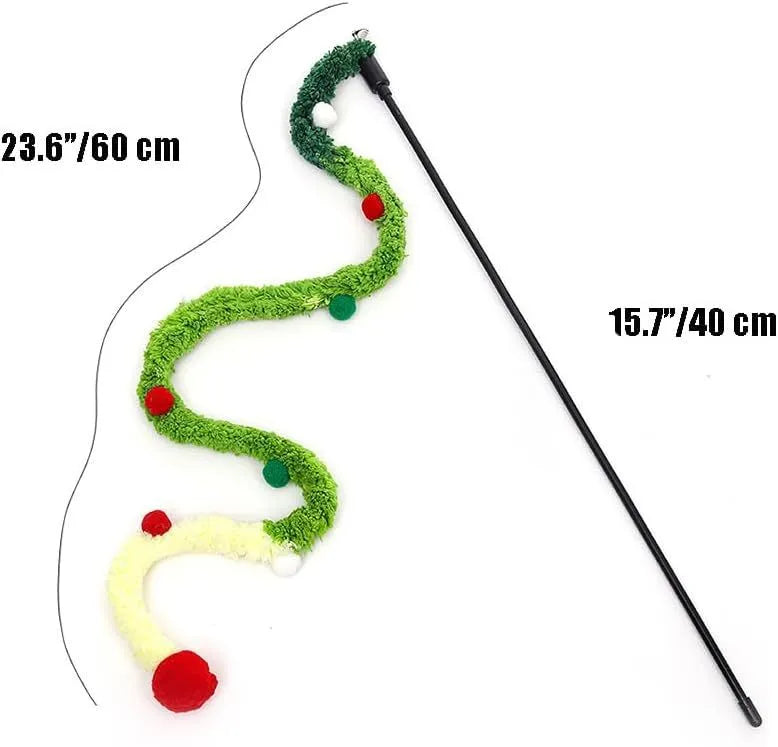Interactive cat wand toy with colourful fluffy ball and bell on 60cm plush strip