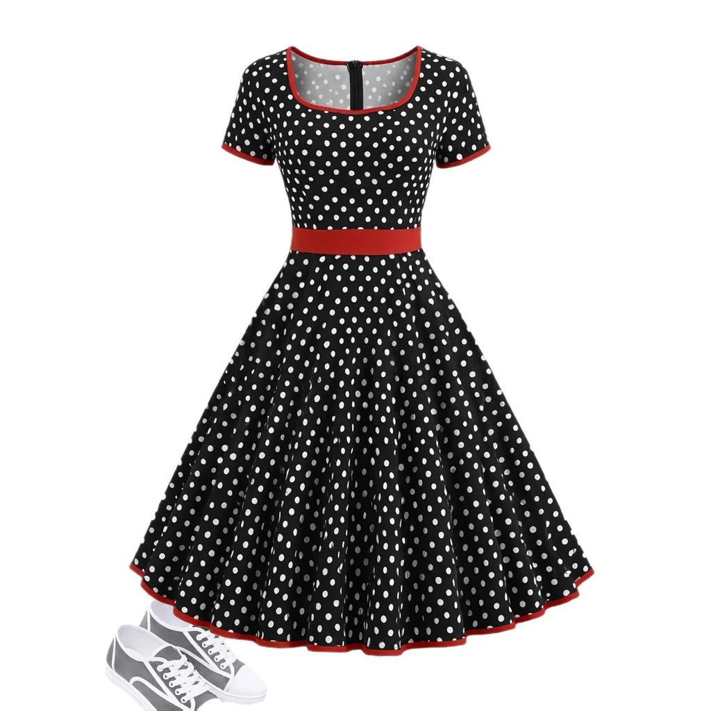 Multicolour polka dot women's dress with a square collar, short sleeves, and a pleated midi skirt.