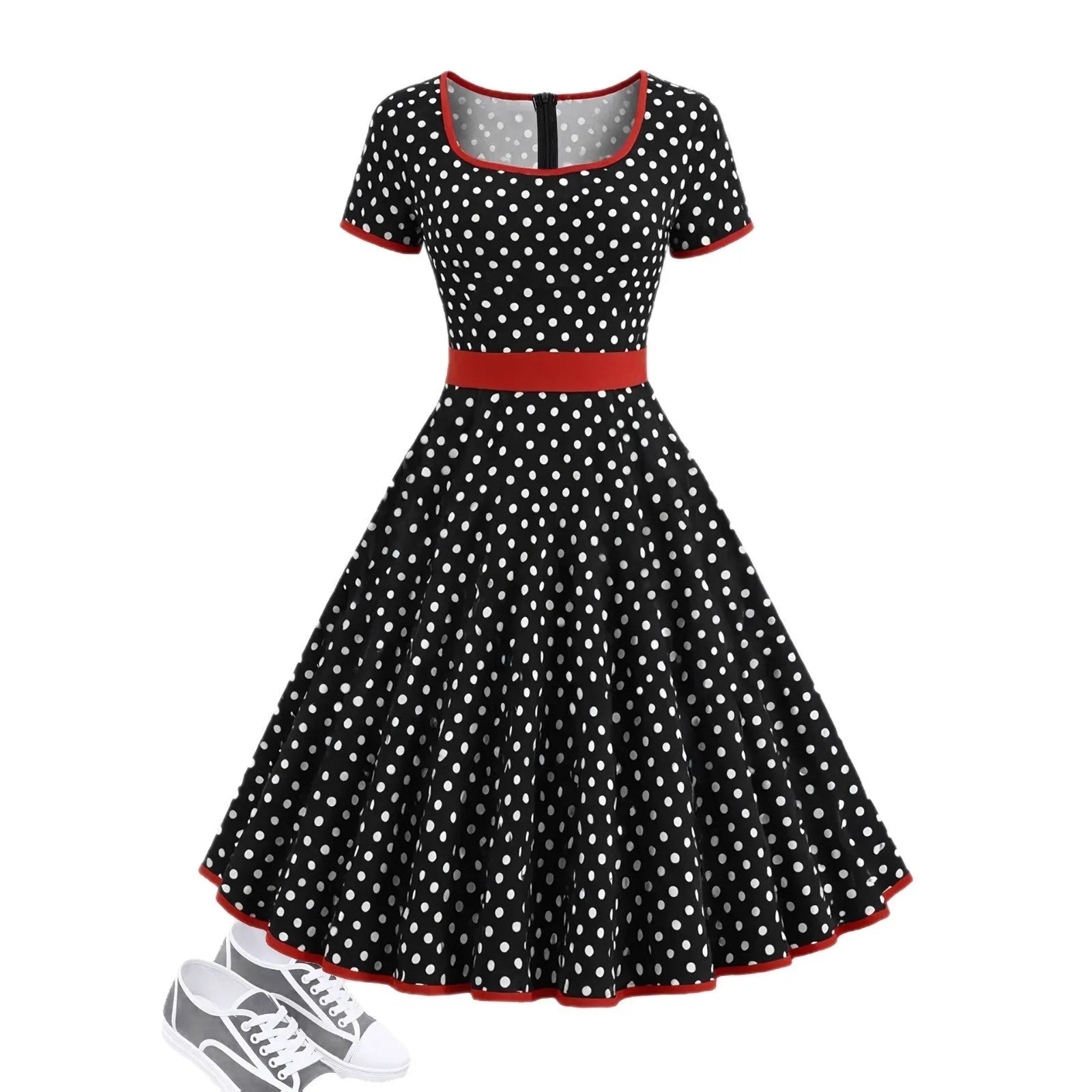 Multicolour polka dot women's dress with a square collar, short sleeves, and a pleated midi skirt.