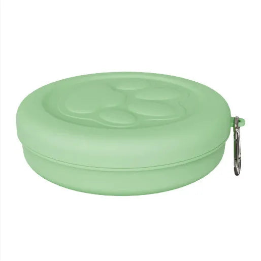 Portable dog bowl with removable lid in light pink and green colour options showing small and large size variants