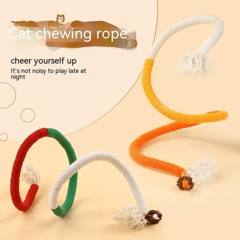 Cat bite rope toy in traffic lights colour with cotton thread and teaser stick for interactive play