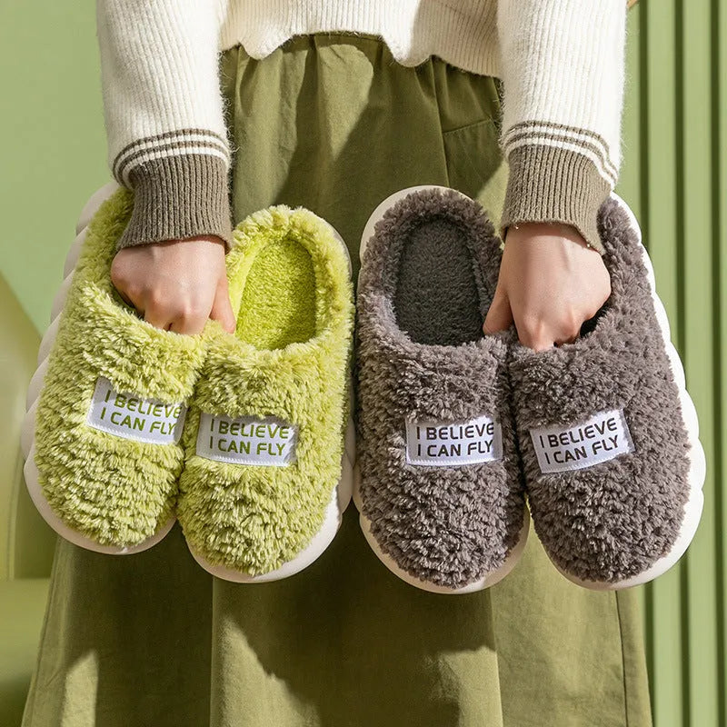 Warm plush slippers with faux fur lining and PVC sole in brown, a unisex home shoe for winter