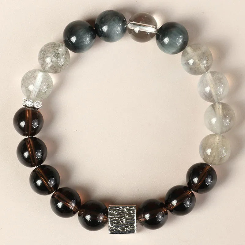 Chinese-style geometric polished crystal couple bracelet with 10mm bead size in khaki colour