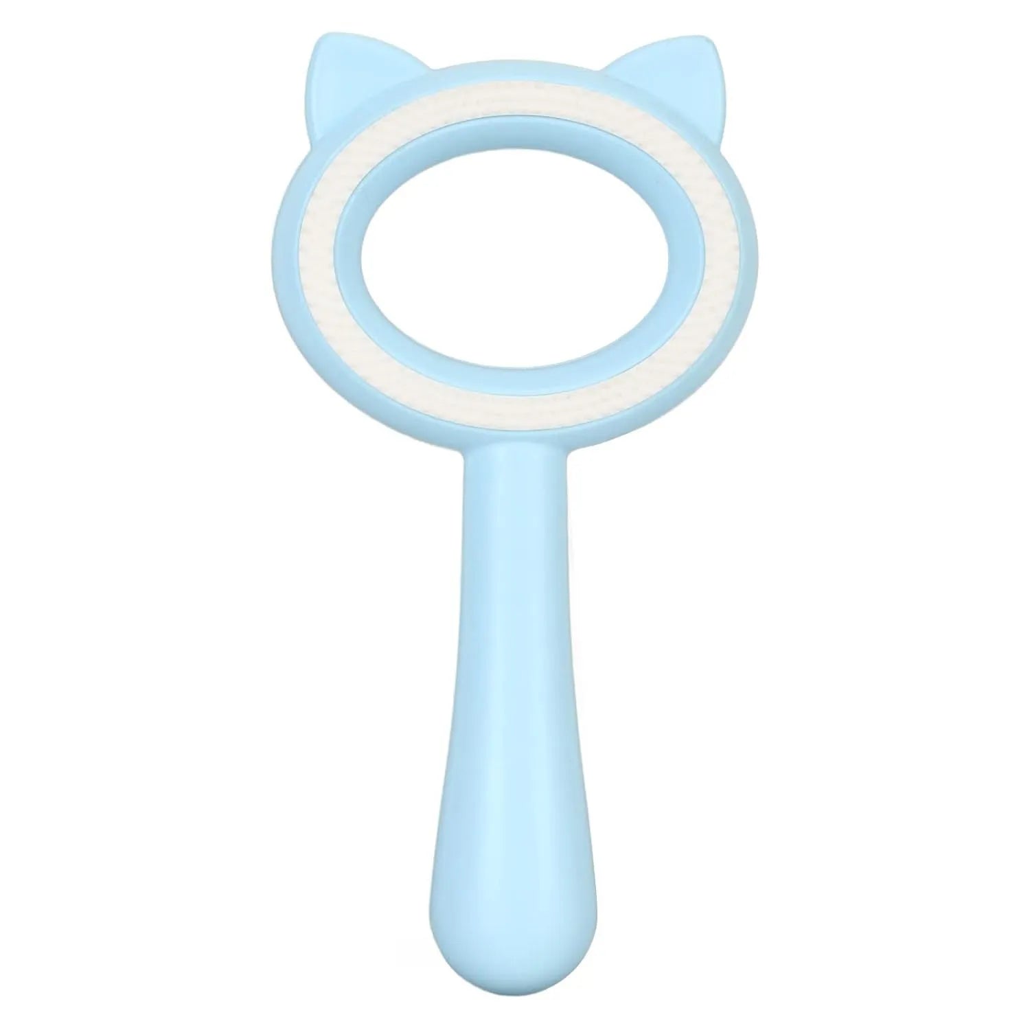 Blue and white double-sided pet grooming brush with ergonomic handle for cats and dogs.