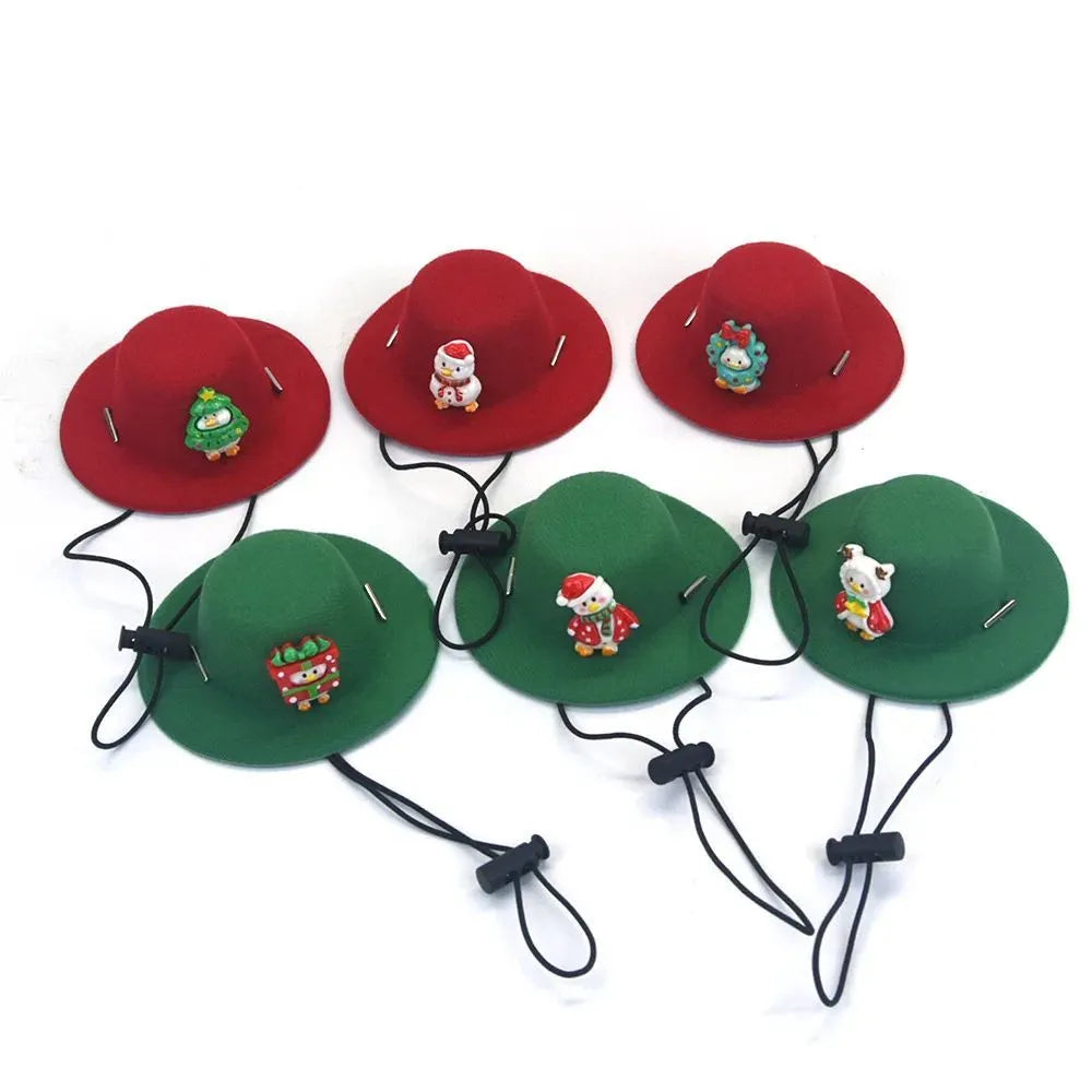 Soft felt cloth pet Christmas hat with antler duck design on a small dog