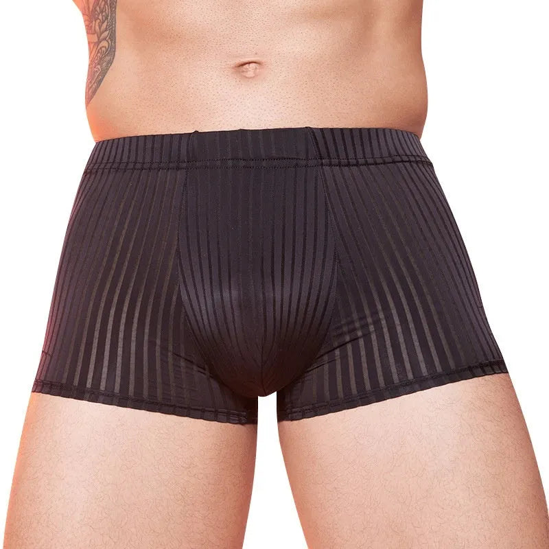 Men's striped thin transparent nylon underwear in black, dark grey and white colours