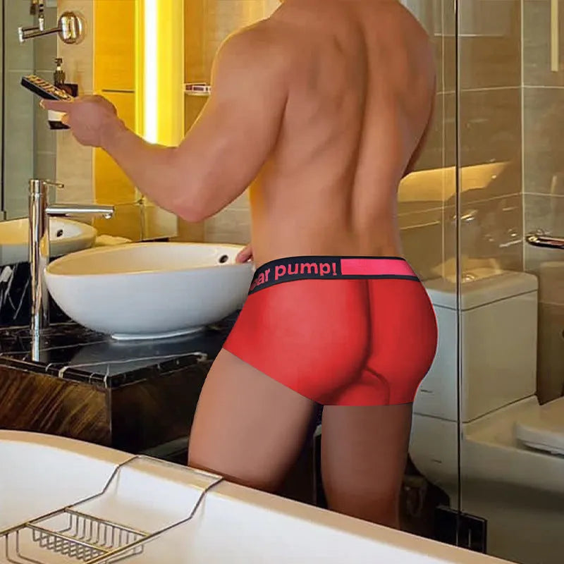 Men's low waist seamless underwear in black with a red gradient laser design pattern