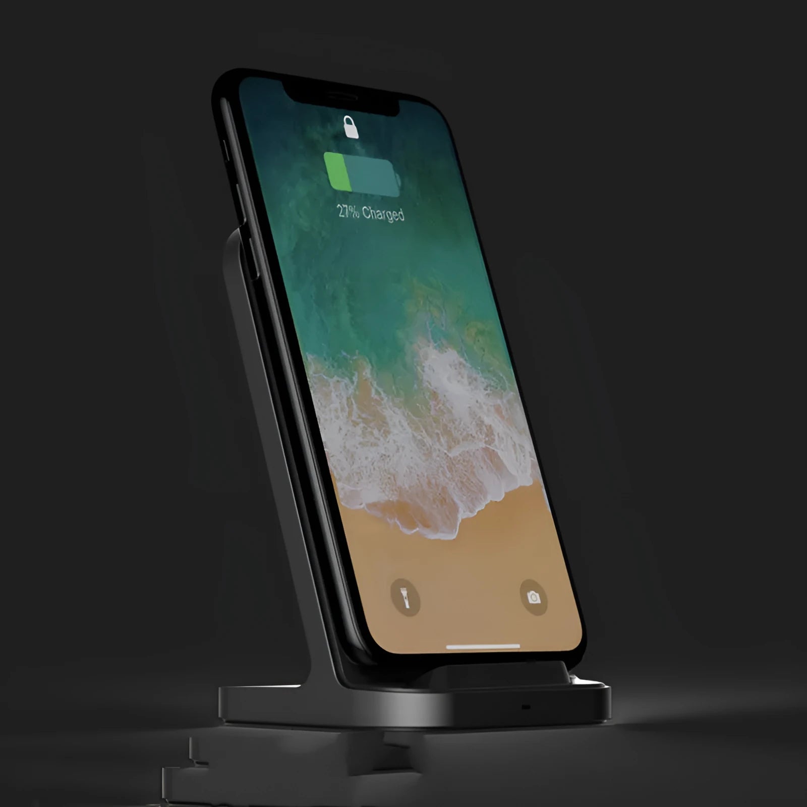 Dark grey vertical wireless charging stand for Apple iPhones on desktop