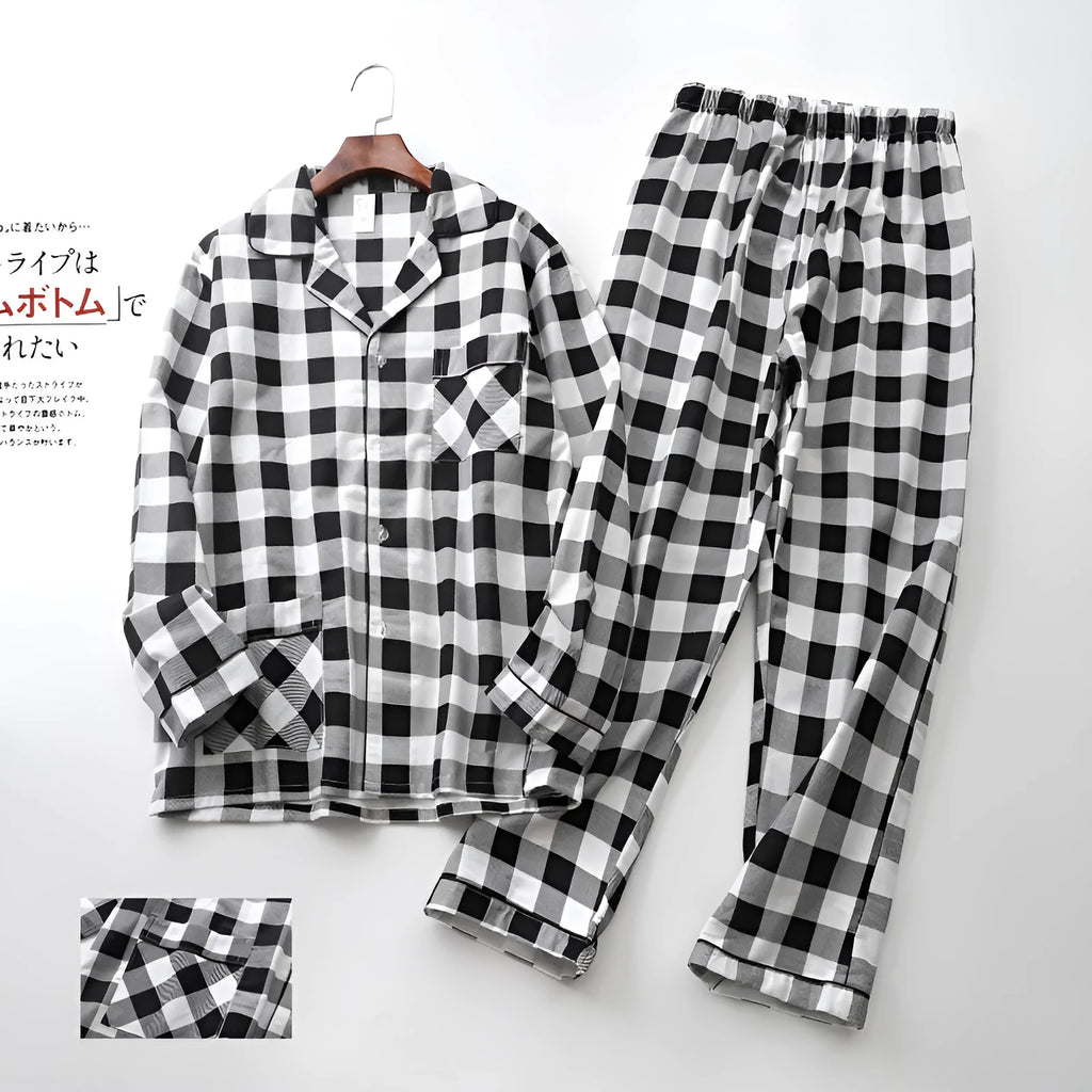 Men's cotton printed long-sleeved pyjama set with cardigan top and trousers in black and white grid