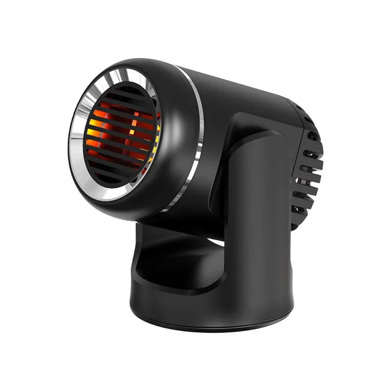 Compact black and white 12v car heater with dual cold/warm settings for vehicle defrosting and cabin comfort
