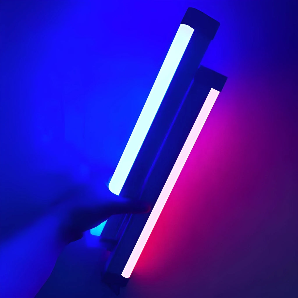 Rechargeable LED tube light stick in blue and purple colours with dimmable RGB lighting