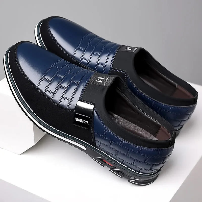Men's slip-on plus size casual leather shoes black round toe artificial PU rubber sole