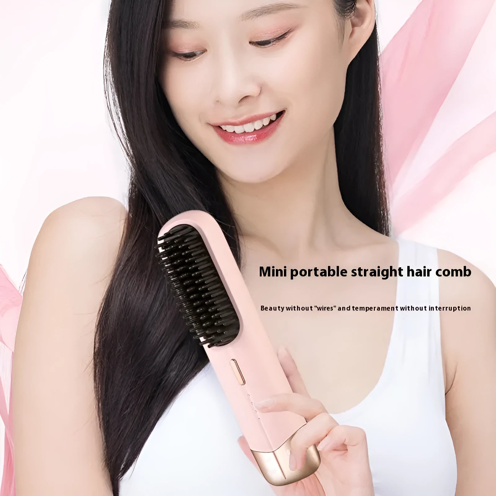 Portable wireless hair straightener curler dual-use in pink colour with cordless design for wet and dry hair