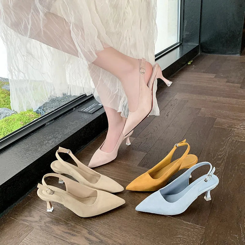 Suede pointed toe stiletto high heels in pink, blue, yellow, and apricot colours
