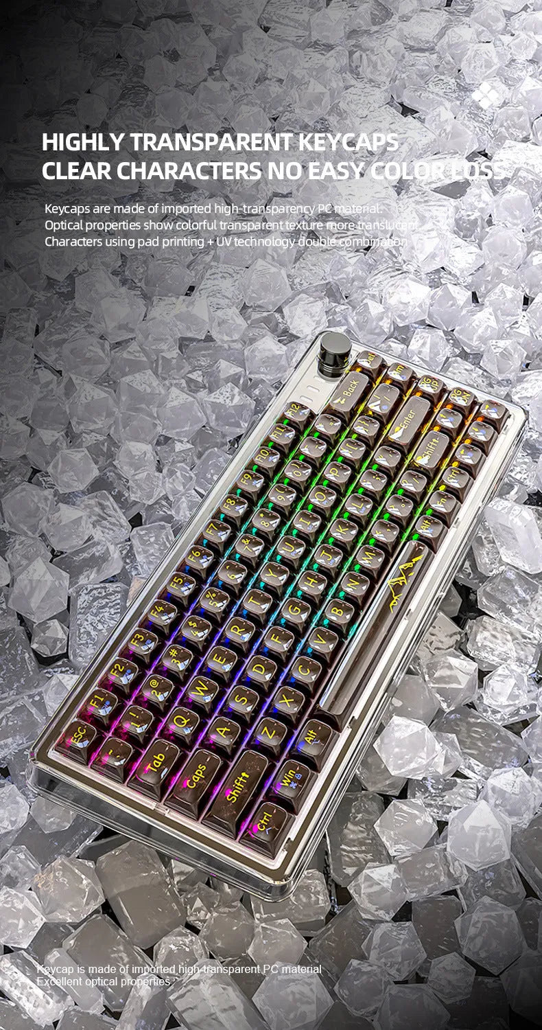 Attack Shark K75RGB transparent wireless mechanical keyboard with RGB lighting showing through PC case