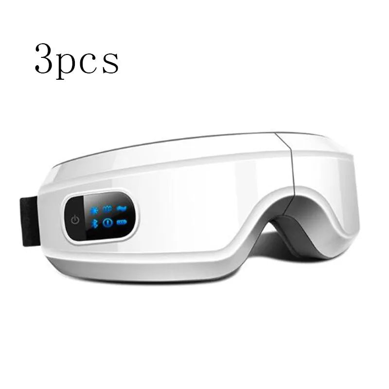 Black rechargeable eye massager with LCD screen, adjustable headband, and Bluetooth music player showing air pressure and hot compress functions