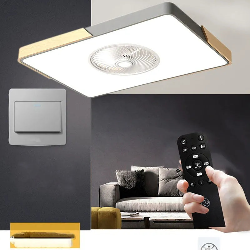Nordic ceiling fan lamp with light on solid wood base, available in rectangular, round, or square options