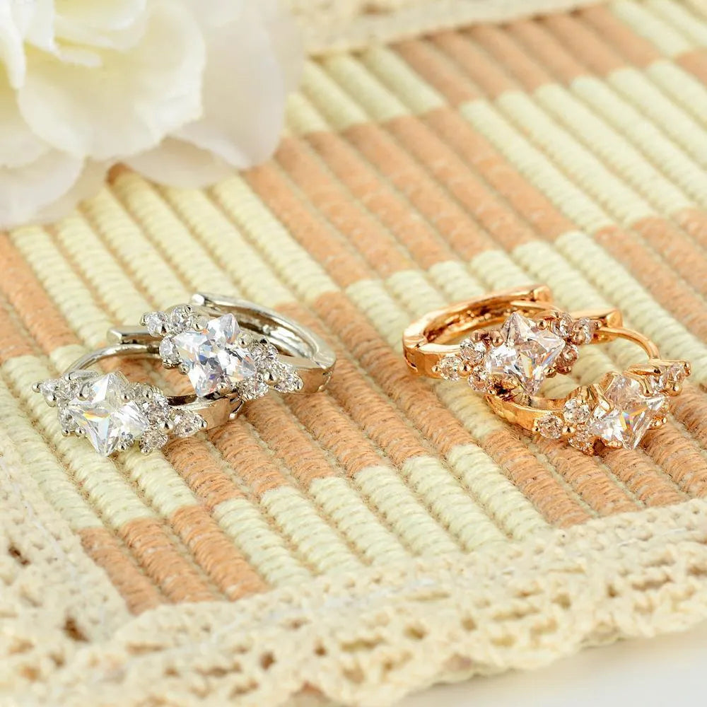 Geometric square zircon earrings for women in copper, gold colour option, 1.8 cm length
