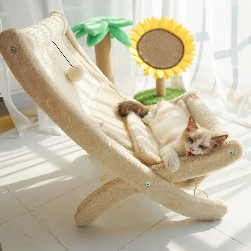 Pet cat sofa bed sunbathing chair with sisal and wood construction, beige with mat on back, for cats under 20 catties