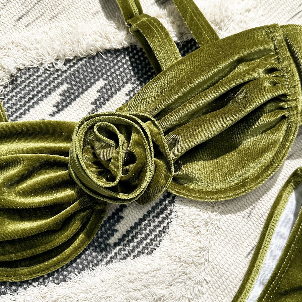 Women's green floral swimsuit bikini set with brief style and matching bra and panty components