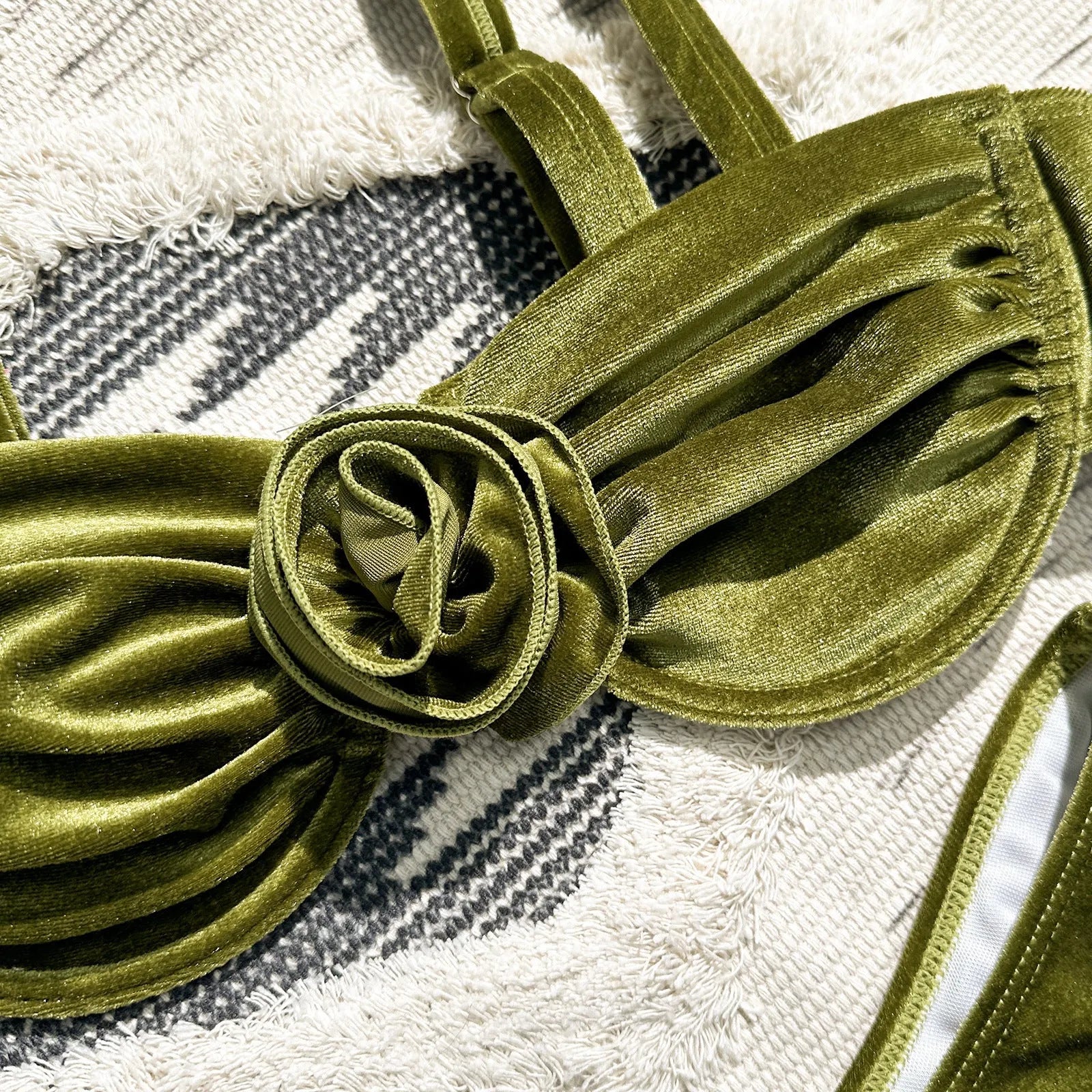 Women's green floral swimsuit bikini set with brief style and matching bra and panty components