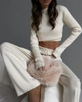 Women's cotton blend suit set in solid colour with long-sleeve top and trousers, apricot tone, street fashion style